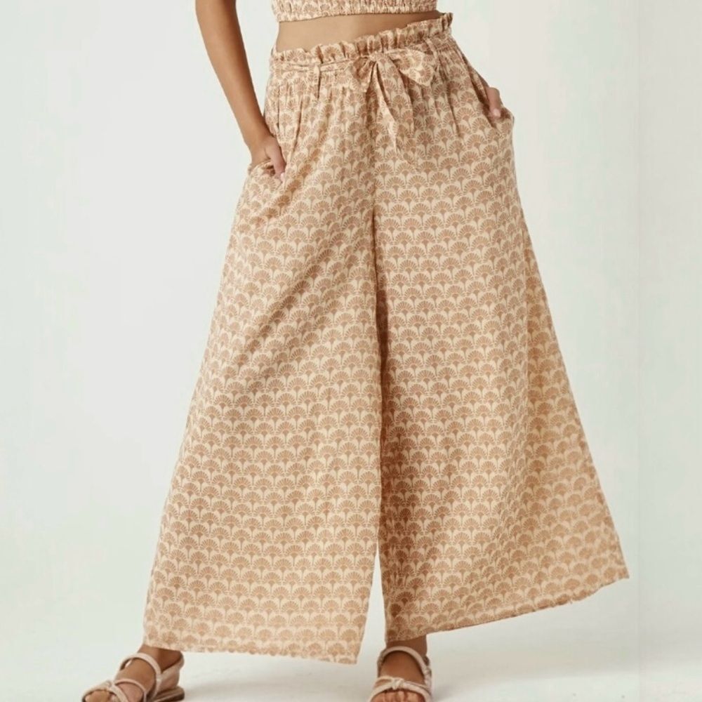 Bila77 High Waist Wide Leg Palazzo Pant Size Medium Boho Tan Batik Print Cotton